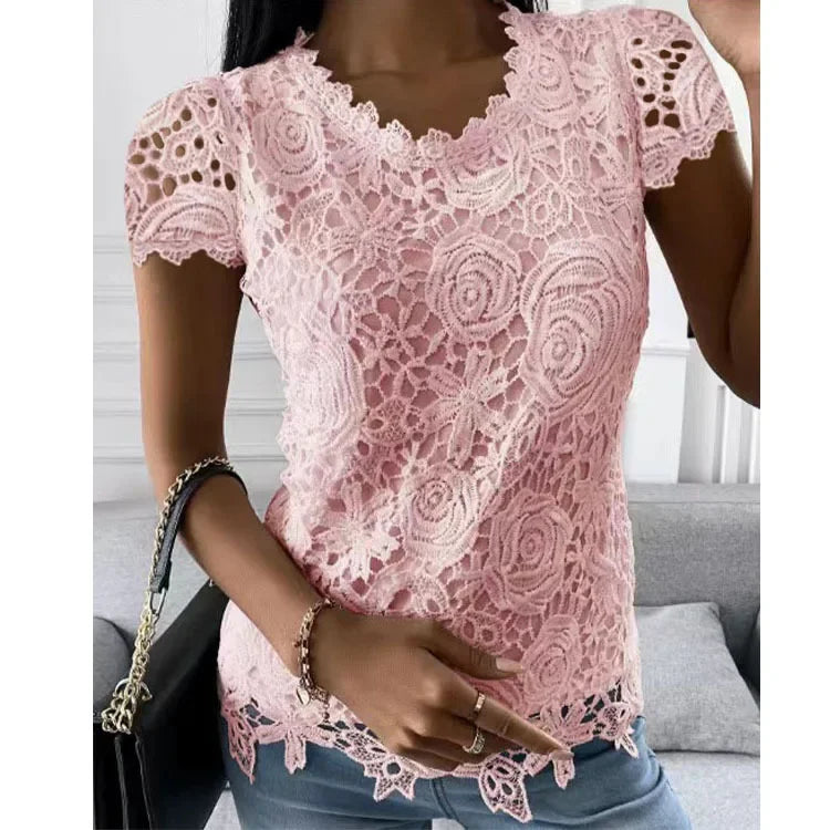 Women's Lace-Decorated Casual Tee – Spring/Summer Regular Fit Top by NoEnName_Null