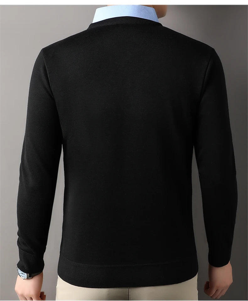 NoEnName_Null Men's Casual Pullover – Wool & Lycra Blend with Turn-Down Collar