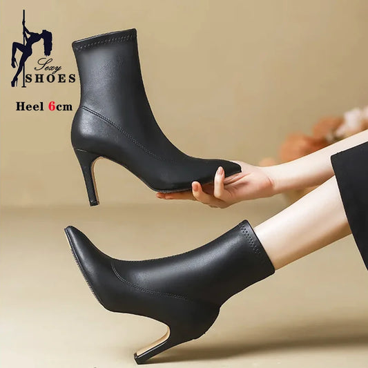 Autumn Winter Women Ankle Boots 6CM 8CM Toe Sock Boots Elegant Lady Black Thick Heels Female Short Booties