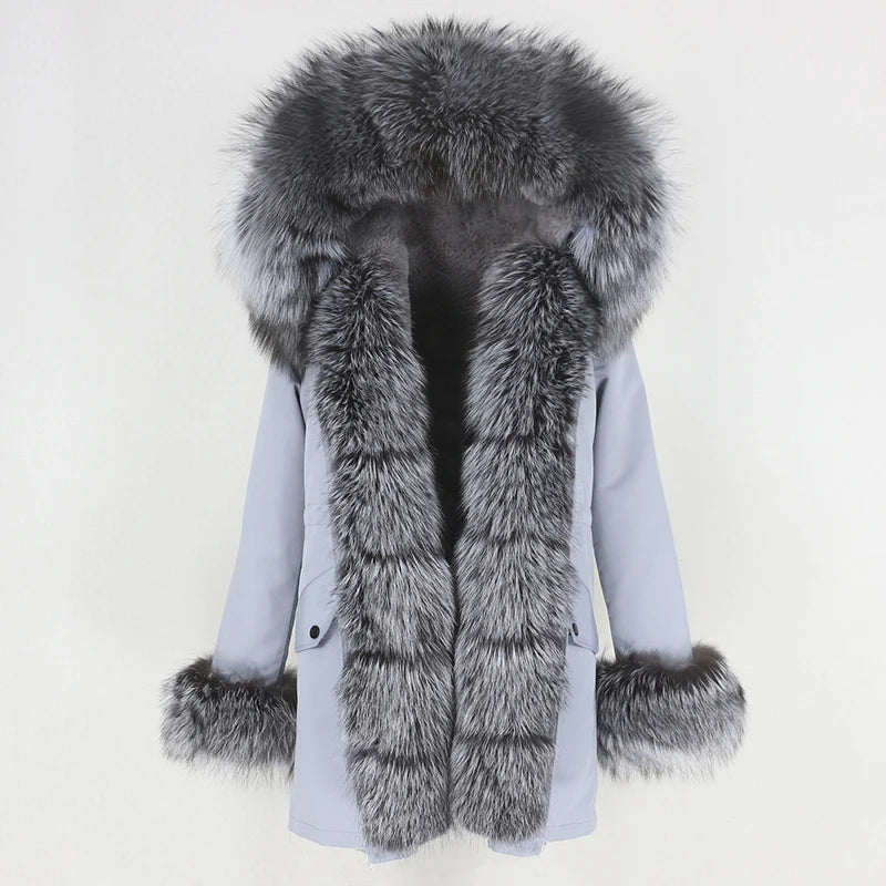 Winter Jacket Women Real Fur Coat Natural Real Fox Fur Collar Loose Long Parkas Big Outerwear Detachable