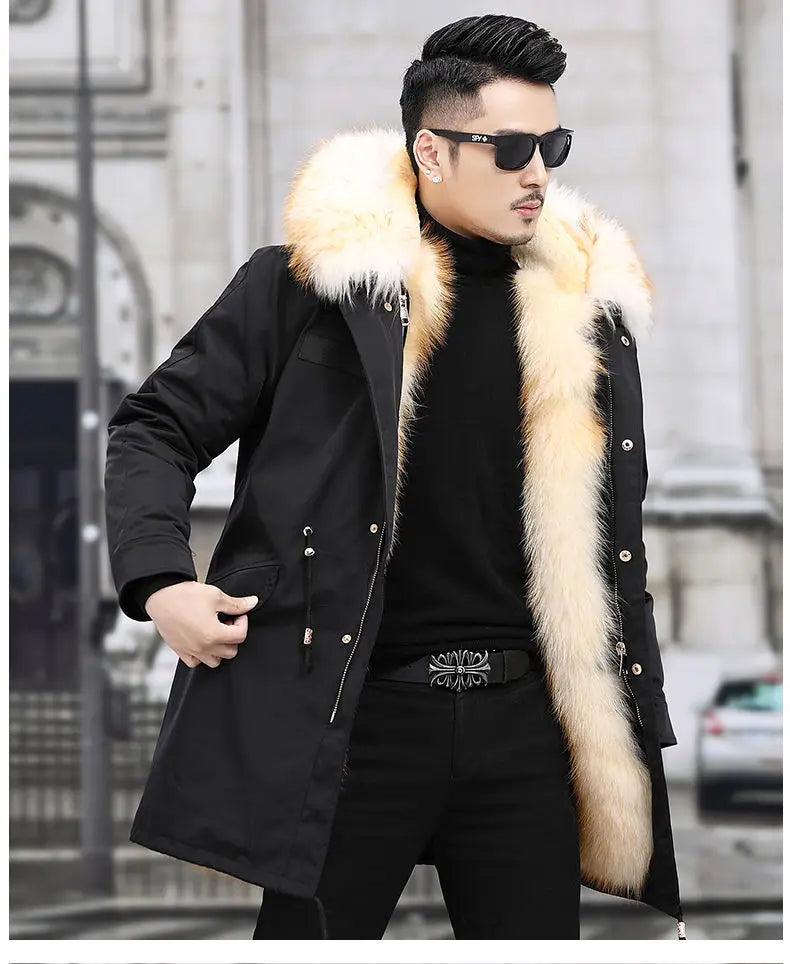 HANZANGL Men's Fur Coat 2022 Winter High Quality Fashion With Fur Hooded Lined Thick Warm Outerwear Mid-length With Long