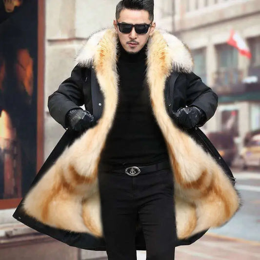 HANZANGL Men's Fur Coat 2022 Winter High Quality Fashion With Fur Hooded Lined Thick Warm Outerwear Mid-length With Long