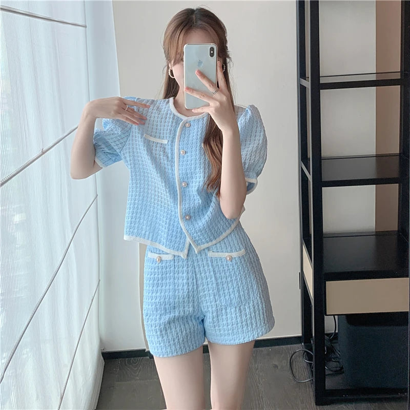 New Summer Elegant Women Blue Shorts Set Fashion Puff Sleeve Single Breasted White  Plaid Top High Waist Shorts 2 Piece Sets