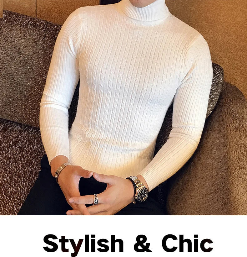 Casual Men Winter High Solid Color Sweater Turtleneck Brand Mens White Sweaters Slim Knitted Fit Pullover Twist Striped Knitwear