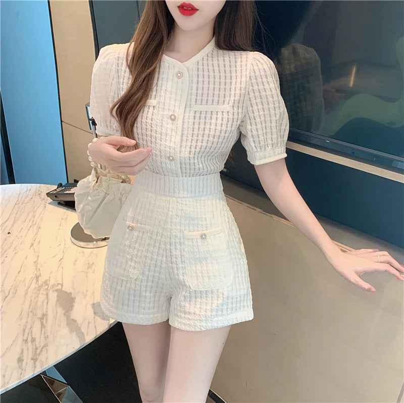 New Summer Elegant Women Blue Shorts Set Fashion Puff Sleeve Single Breasted White  Plaid Top High Waist Shorts 2 Piece Sets