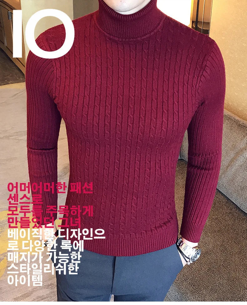 Casual Men Winter High Solid Color Sweater Turtleneck Brand Mens White Sweaters Slim Knitted Fit Pullover Twist Striped Knitwear