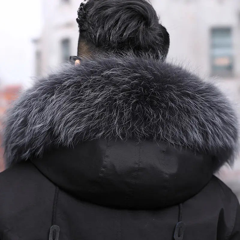 HANZANGL Men's Fur Coat 2022 Winter High Quality Fashion With Fur Hooded Lined Thick Warm Outerwear Mid-length With Long