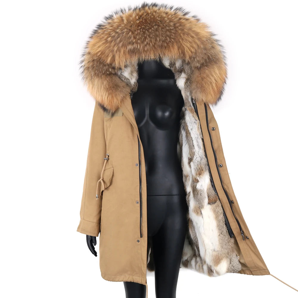 Thick Real Fur Coat Big Raccoon Collar Hooded Jacket Detachable Rabbit Fur Lining Winter Women's Clothing