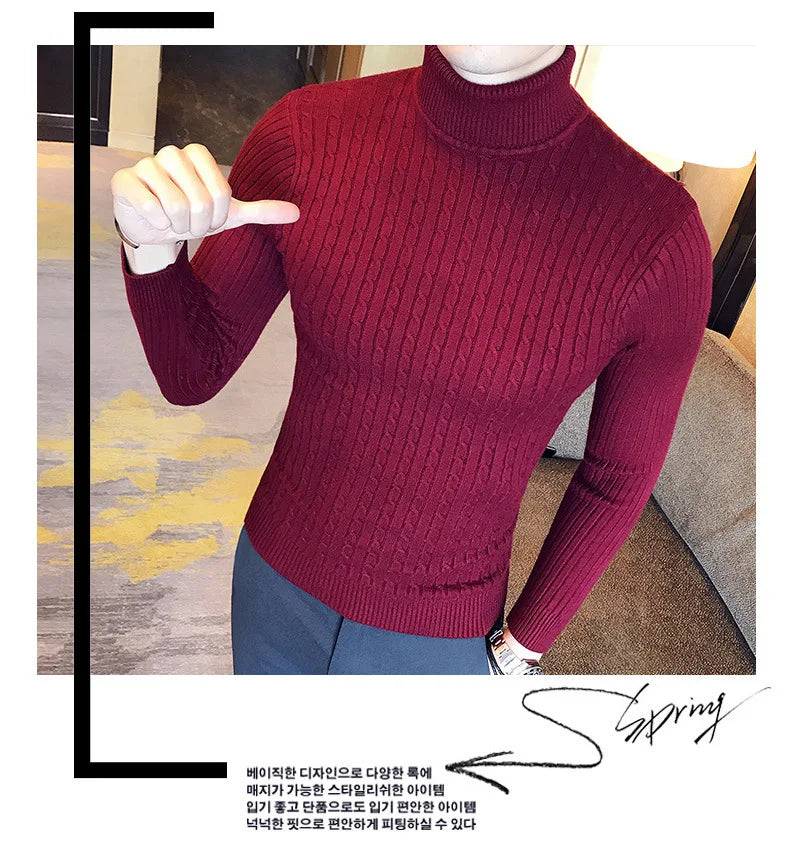 Casual Men Winter High Solid Color Sweater Turtleneck Brand Mens White Sweaters Slim Knitted Fit Pullover Twist Striped Knitwear