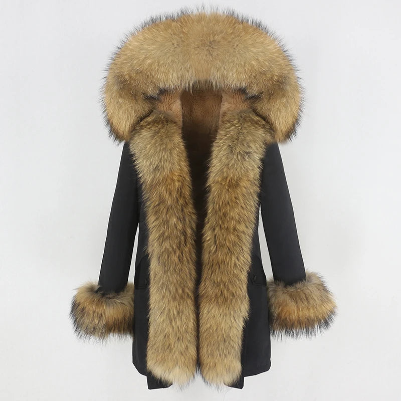 Winter Jacket Women Real Fur Coat Natural Real Fox Fur Collar Loose Long Parkas Big Outerwear Detachable