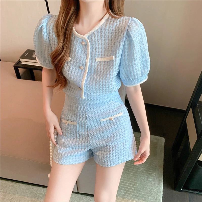 New Summer Elegant Women Blue Shorts Set Fashion Puff Sleeve Single Breasted White  Plaid Top High Waist Shorts 2 Piece Sets