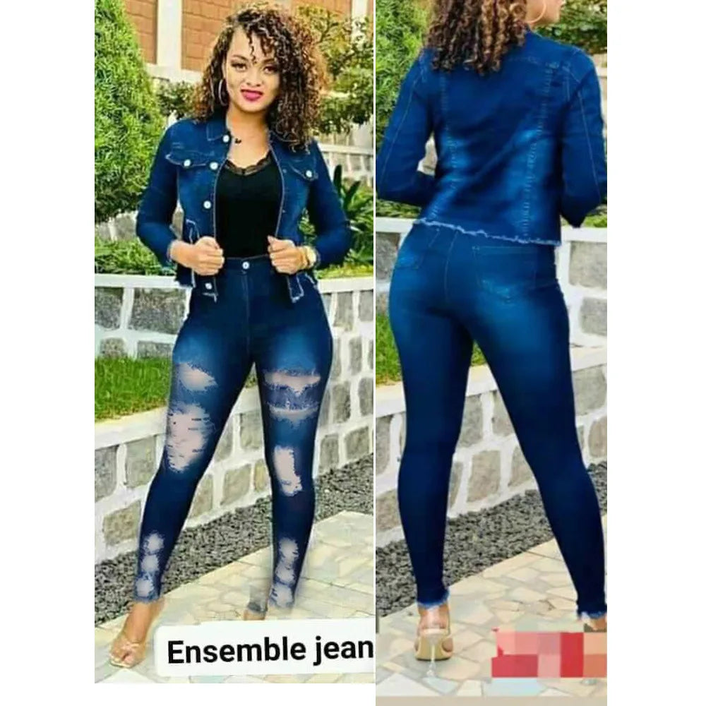 Fashionable Holes Distressed Denim 2 Piece Set Women Europe, America, and Africa Stretch JTwo Piece Fall Outfits jeans