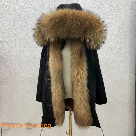 HANZANGL Men's Fur Coat 2022 Winter High Quality Fashion With Fur Hooded Lined Thick Warm Outerwear Mid-length With Long