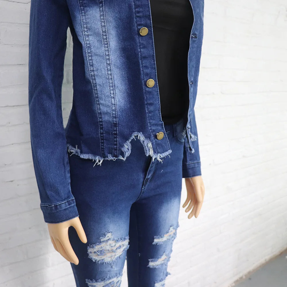 Fashionable Holes Distressed Denim 2 Piece Set Women Europe, America, and Africa Stretch JTwo Piece Fall Outfits jeans