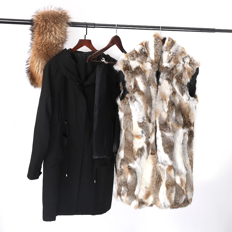 Thick Real Fur Coat Big Raccoon Collar Hooded Jacket Detachable Rabbit Fur Lining Winter Women's Clothing