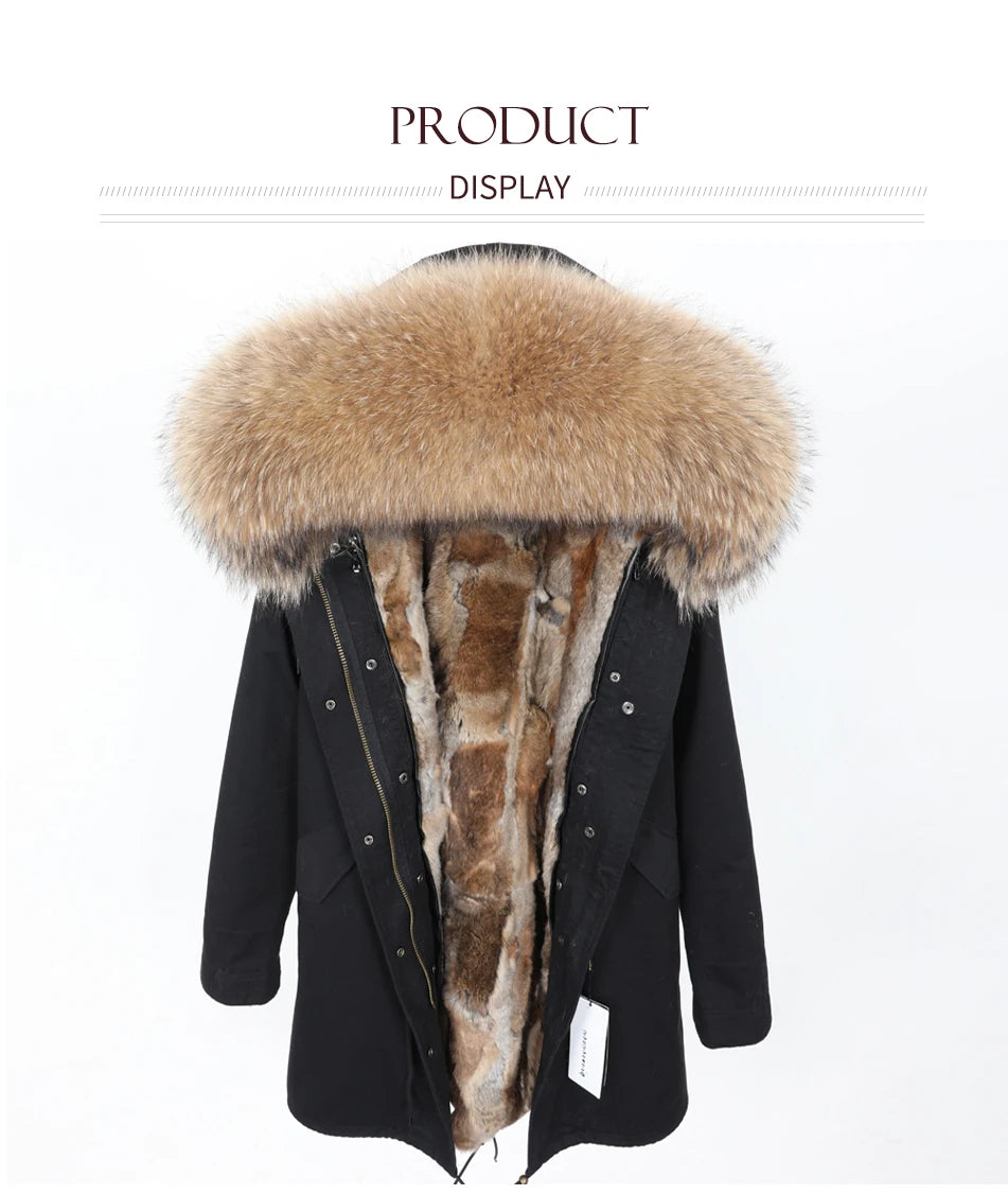 Thick Real Fur Coat Big Raccoon Collar Hooded Jacket Detachable Rabbit Fur Lining Winter Women's Clothing