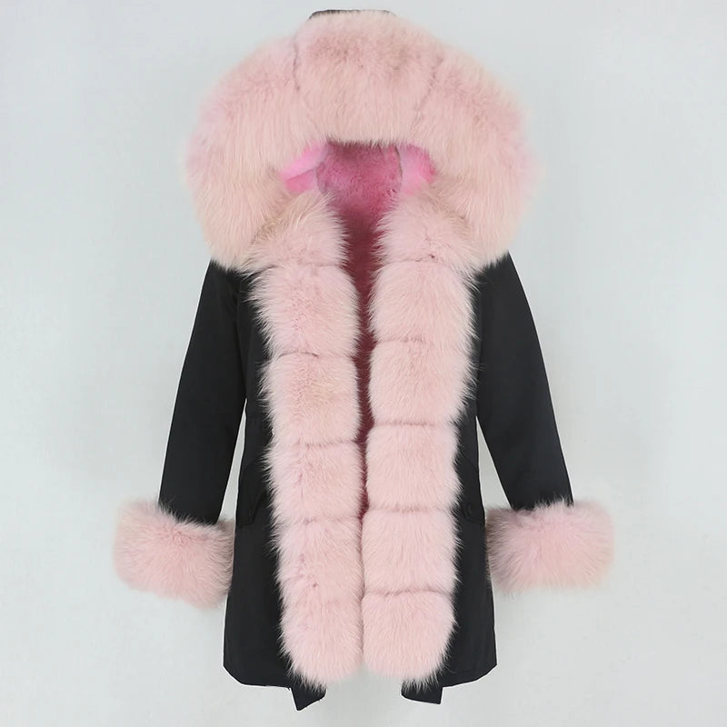 Winter Jacket Women Real Fur Coat Natural Real Fox Fur Collar Loose Long Parkas Big Outerwear Detachable