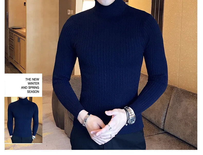 Casual Men Winter High Solid Color Sweater Turtleneck Brand Mens White Sweaters Slim Knitted Fit Pullover Twist Striped Knitwear