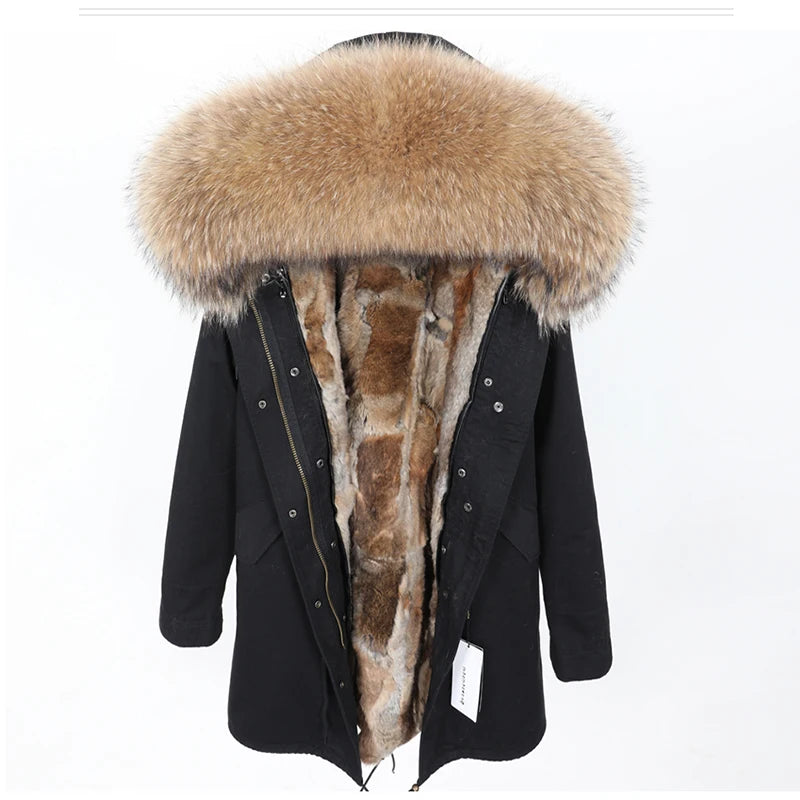 Thick Real Fur Coat Big Raccoon Collar Hooded Jacket Detachable Rabbit Fur Lining Winter Women's Clothing