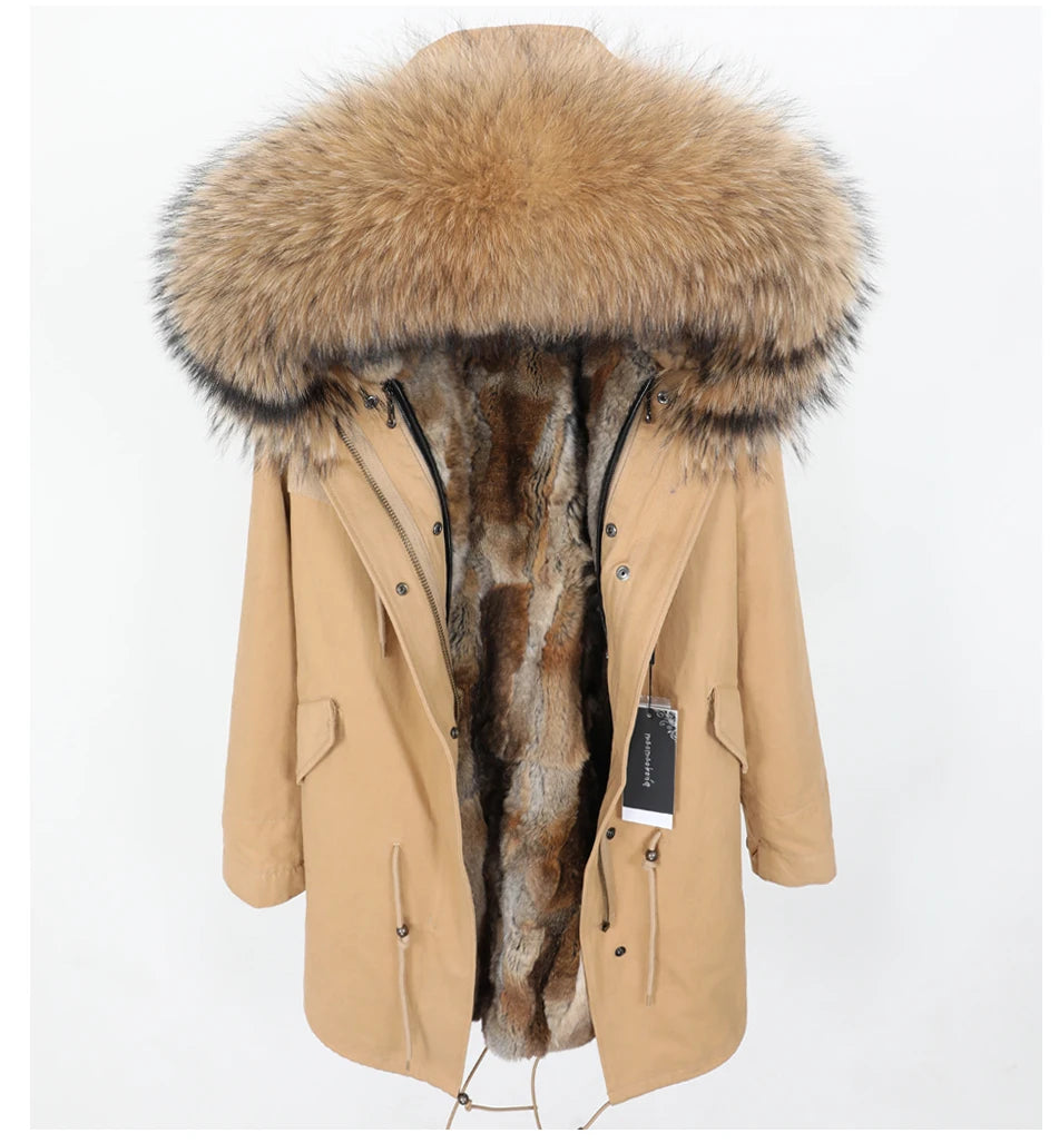 Thick Real Fur Coat Big Raccoon Collar Hooded Jacket Detachable Rabbit Fur Lining Winter Women's Clothing