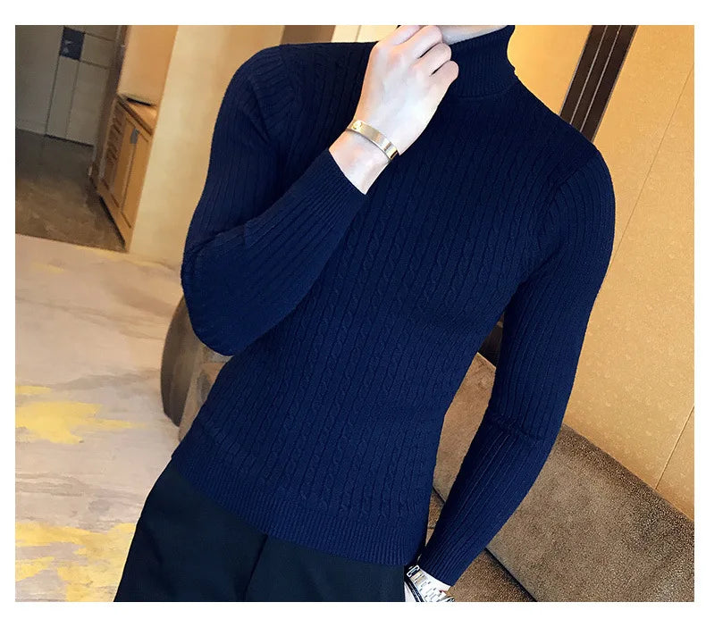 Casual Men Winter High Solid Color Sweater Turtleneck Brand Mens White Sweaters Slim Knitted Fit Pullover Twist Striped Knitwear