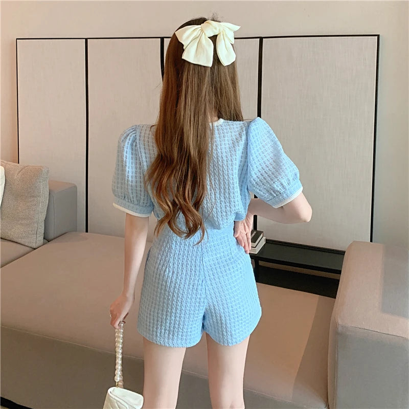 New Summer Elegant Women Blue Shorts Set Fashion Puff Sleeve Single Breasted White  Plaid Top High Waist Shorts 2 Piece Sets