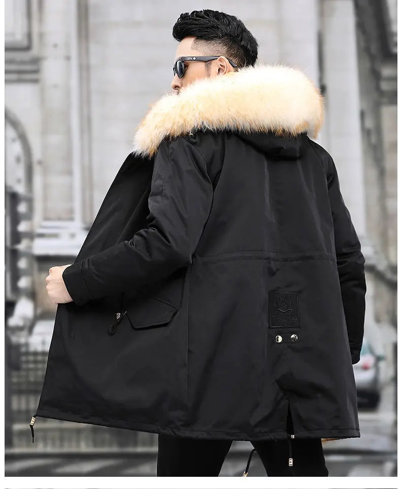 HANZANGL Men's Fur Coat 2022 Winter High Quality Fashion With Fur Hooded Lined Thick Warm Outerwear Mid-length With Long