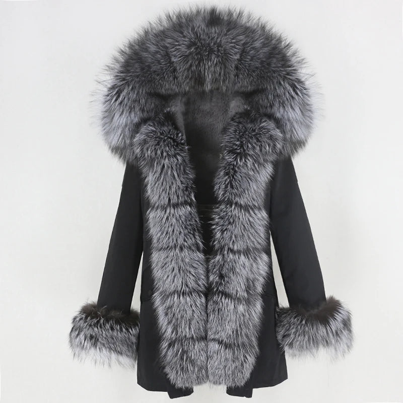 Winter Jacket Women Real Fur Coat Natural Real Fox Fur Collar Loose Long Parkas Big Outerwear Detachable