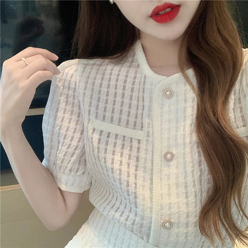 New Summer Elegant Women Blue Shorts Set Fashion Puff Sleeve Single Breasted White  Plaid Top High Waist Shorts 2 Piece Sets