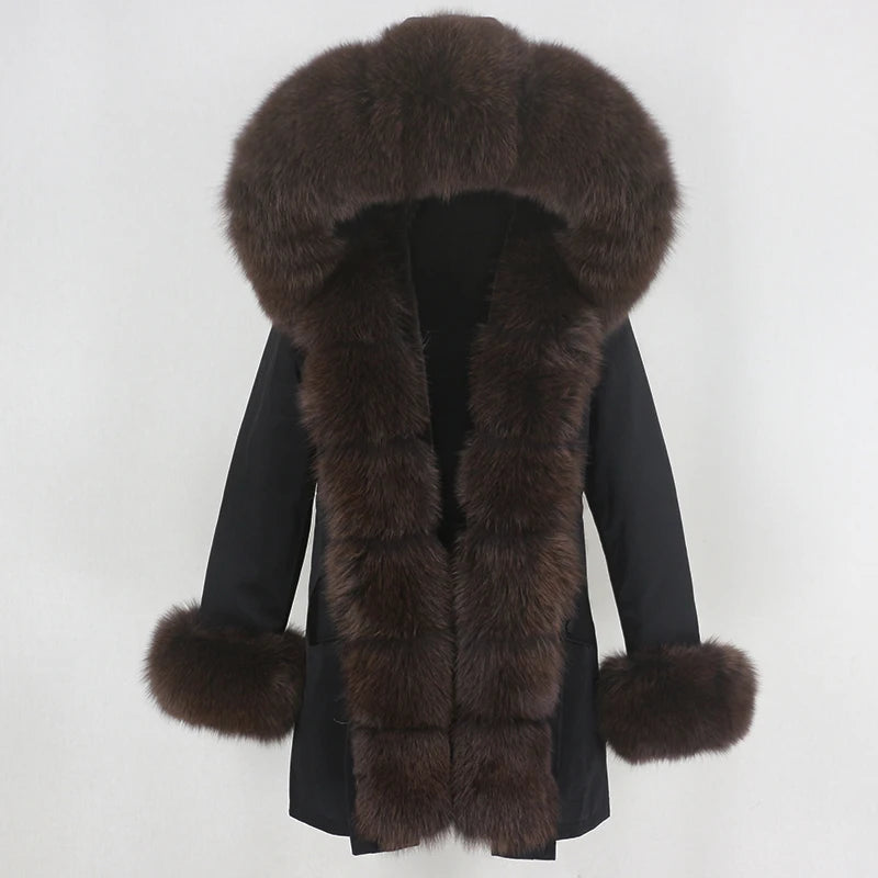 Winter Jacket Women Real Fur Coat Natural Real Fox Fur Collar Loose Long Parkas Big Outerwear Detachable