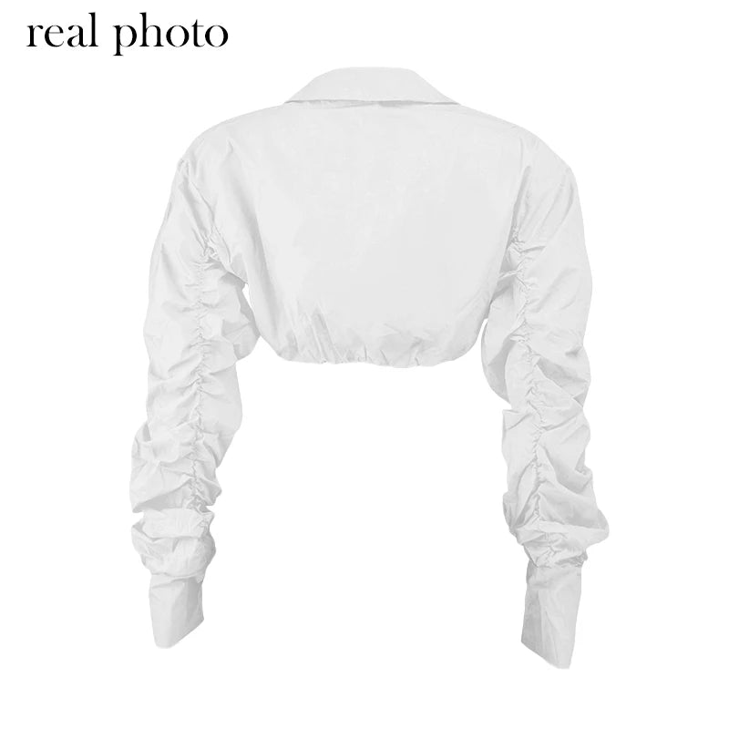 Simenual Button Ruched White Puff Sleeve Blouse Shirts Women Long Sleeved Fashion