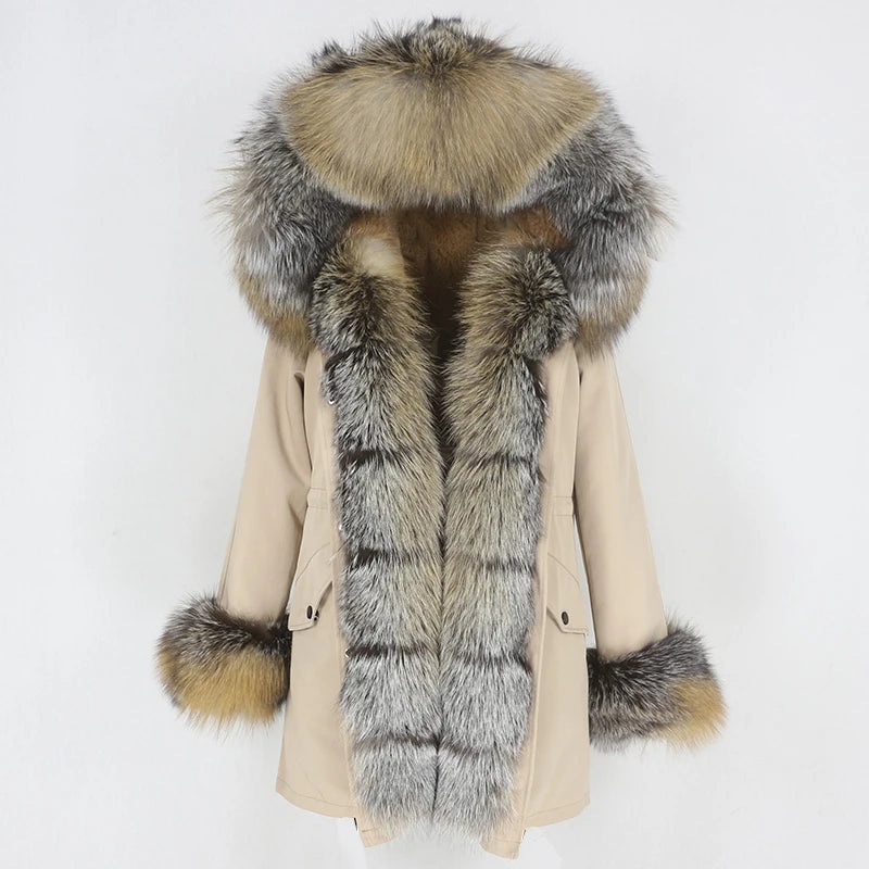 Winter Jacket Women Real Fur Coat Natural Real Fox Fur Collar Loose Long Parkas Big Outerwear Detachable