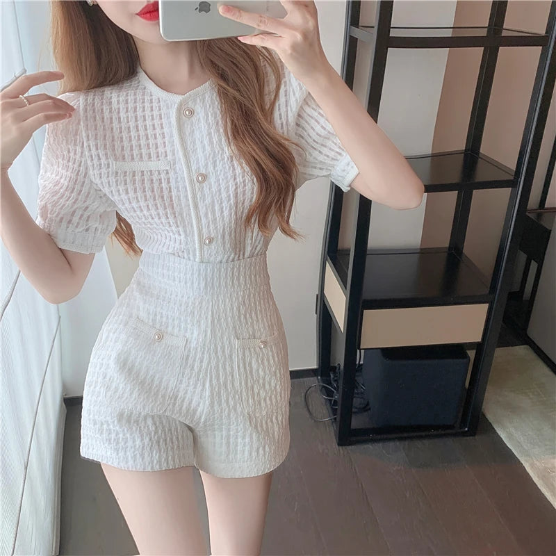 New Summer Elegant Women Blue Shorts Set Fashion Puff Sleeve Single Breasted White  Plaid Top High Waist Shorts 2 Piece Sets