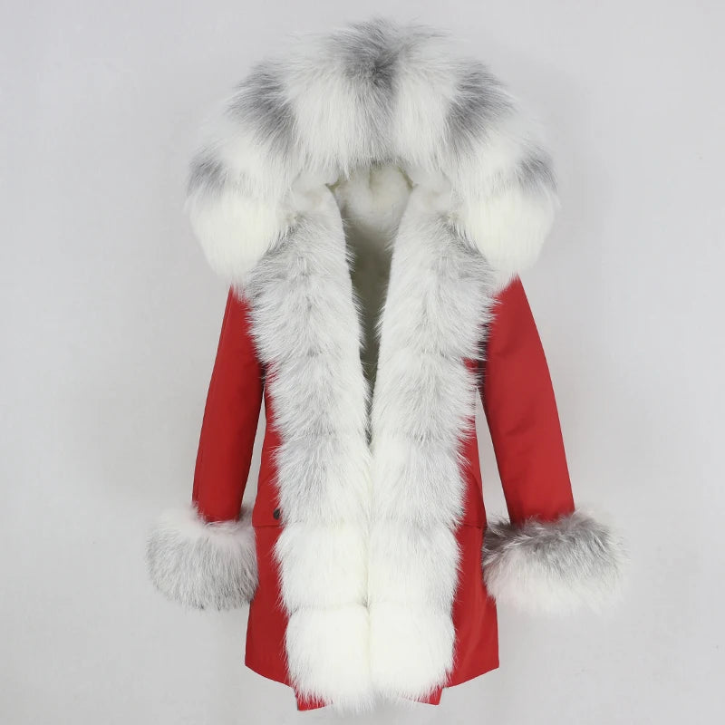 Winter Jacket Women Real Fur Coat Natural Real Fox Fur Collar Loose Long Parkas Big Outerwear Detachable