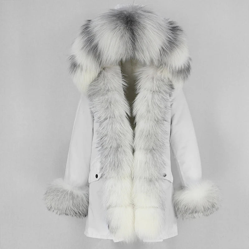 Winter Jacket Women Real Fur Coat Natural Real Fox Fur Collar Loose Long Parkas Big Outerwear Detachable