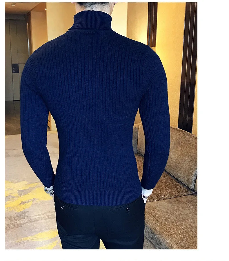 Casual Men Winter High Solid Color Sweater Turtleneck Brand Mens White Sweaters Slim Knitted Fit Pullover Twist Striped Knitwear