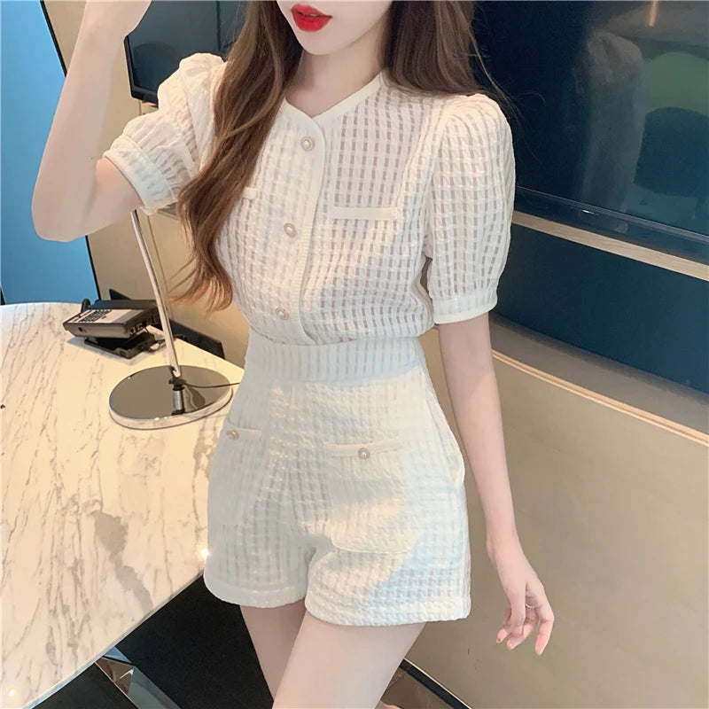 New Summer Elegant Women Blue Shorts Set Fashion Puff Sleeve Single Breasted White  Plaid Top High Waist Shorts 2 Piece Sets