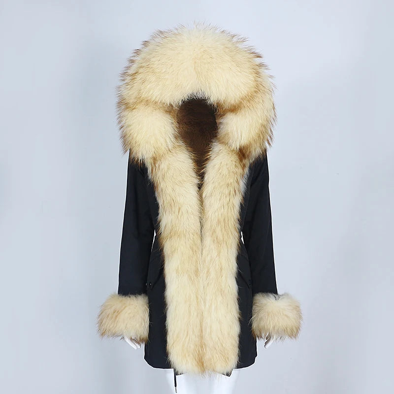 Winter Jacket Women Real Fur Coat Natural Real Fox Fur Collar Loose Long Parkas Big Outerwear Detachable