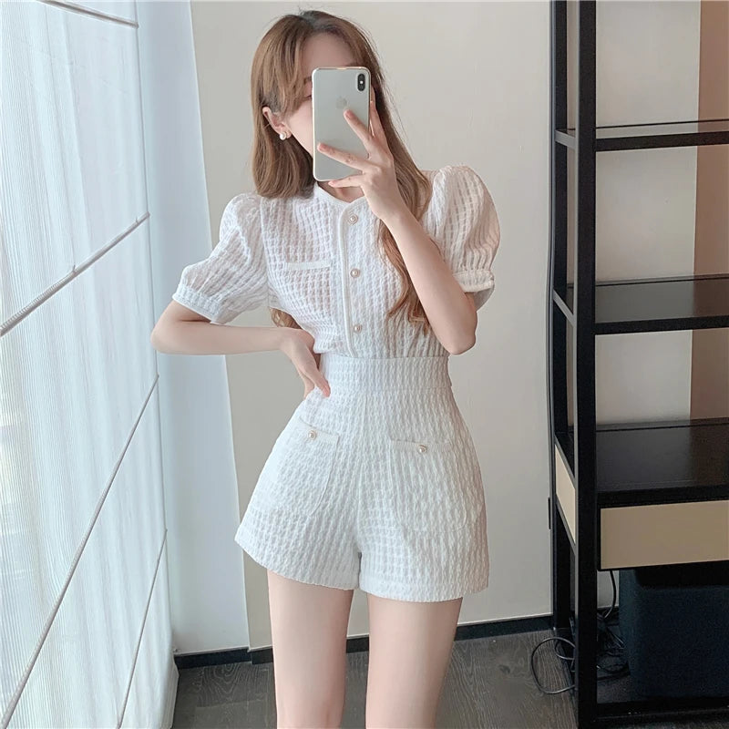 New Summer Elegant Women Blue Shorts Set Fashion Puff Sleeve Single Breasted White  Plaid Top High Waist Shorts 2 Piece Sets