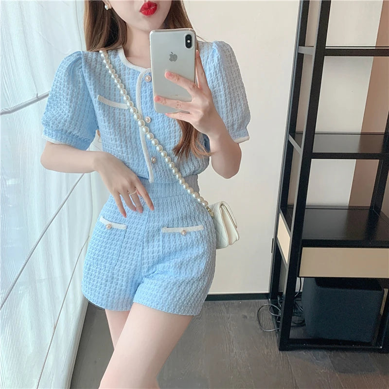 New Summer Elegant Women Blue Shorts Set Fashion Puff Sleeve Single Breasted White  Plaid Top High Waist Shorts 2 Piece Sets