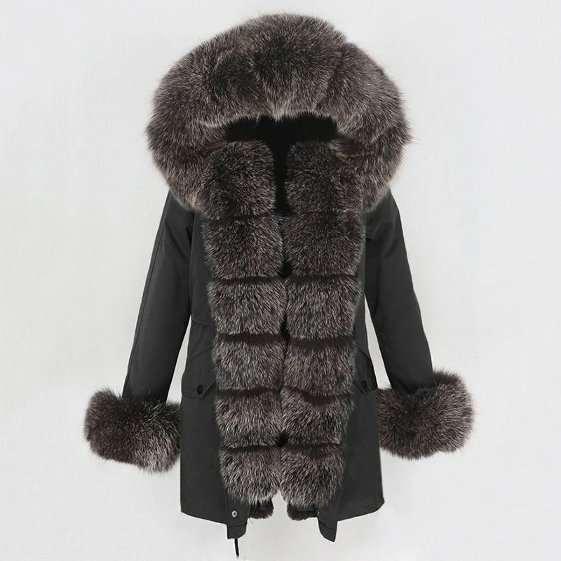 Winter Jacket Women Real Fur Coat Natural Real Fox Fur Collar Loose Long Parkas Big Outerwear Detachable