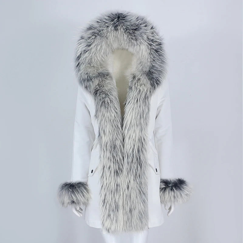 Winter Jacket Women Real Fur Coat Natural Real Fox Fur Collar Loose Long Parkas Big Outerwear Detachable