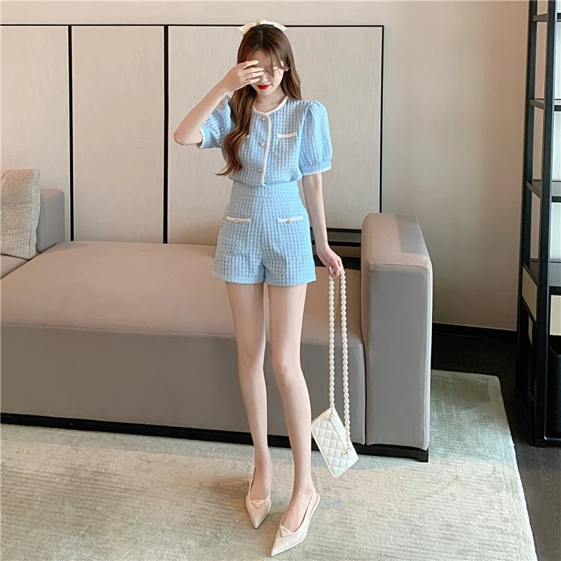 New Summer Elegant Women Blue Shorts Set Fashion Puff Sleeve Single Breasted White  Plaid Top High Waist Shorts 2 Piece Sets