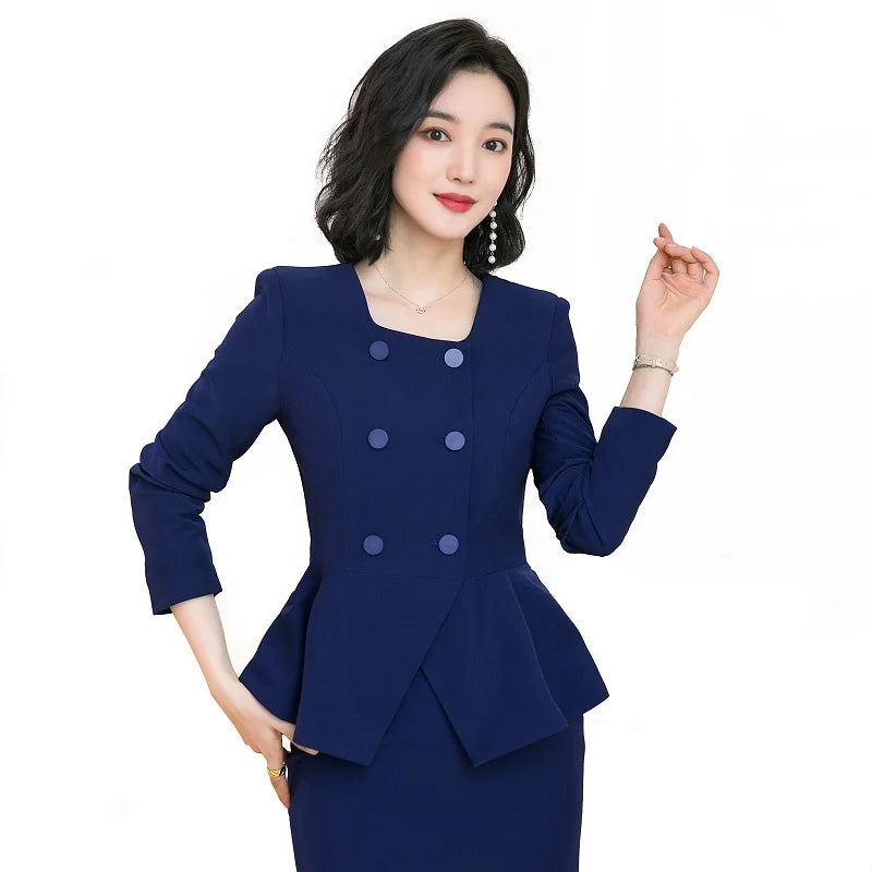 Navy blue Blazer Women Business Suits Ladies Skirt and Jacket Sets Office  elegant outfit