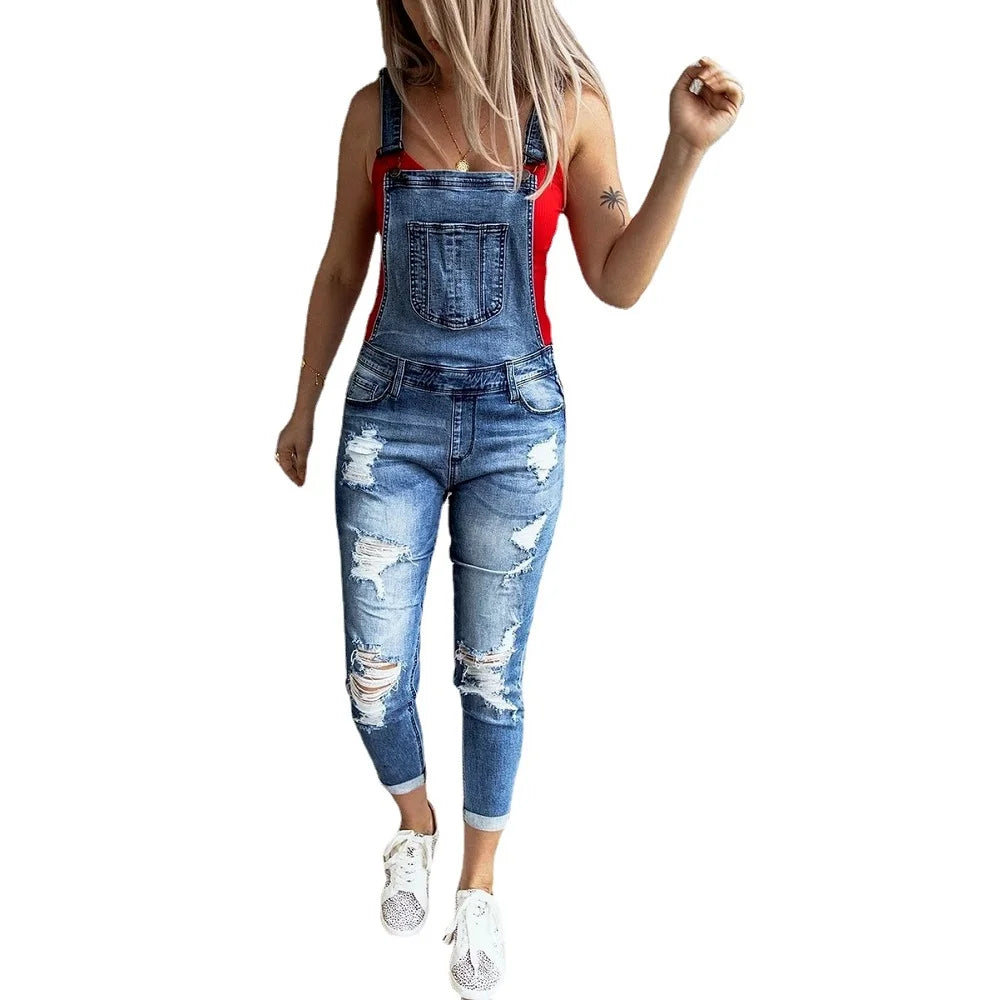 Women jeans  Retro Denim Bib Overalls Jumpsuits and Rompers Ladies Ripped Hole Casual Jeans.