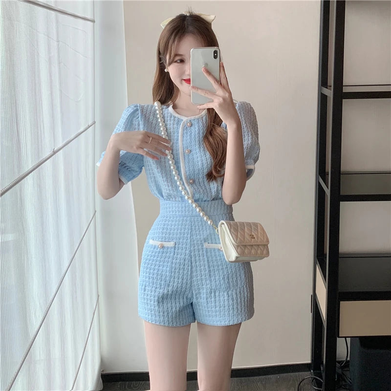 New Summer Elegant Women Blue Shorts Set Fashion Puff Sleeve Single Breasted White  Plaid Top High Waist Shorts 2 Piece Sets