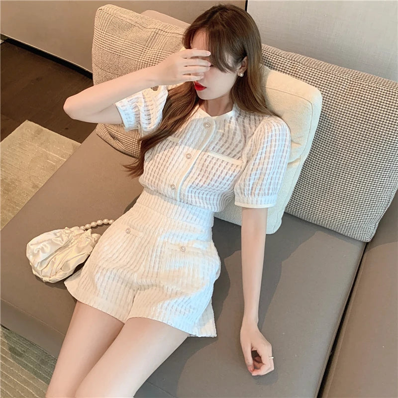 New Summer Elegant Women Blue Shorts Set Fashion Puff Sleeve Single Breasted White  Plaid Top High Waist Shorts 2 Piece Sets