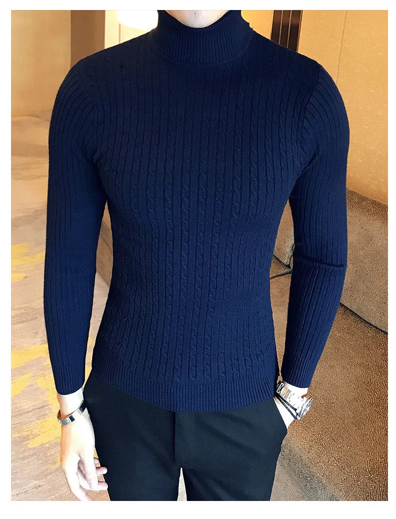 Casual Men Winter High Solid Color Sweater Turtleneck Brand Mens White Sweaters Slim Knitted Fit Pullover Twist Striped Knitwear