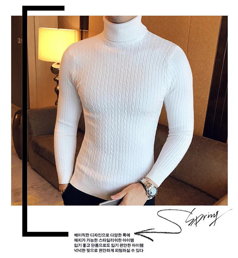 Casual Men Winter High Solid Color Sweater Turtleneck Brand Mens White Sweaters Slim Knitted Fit Pullover Twist Striped Knitwear