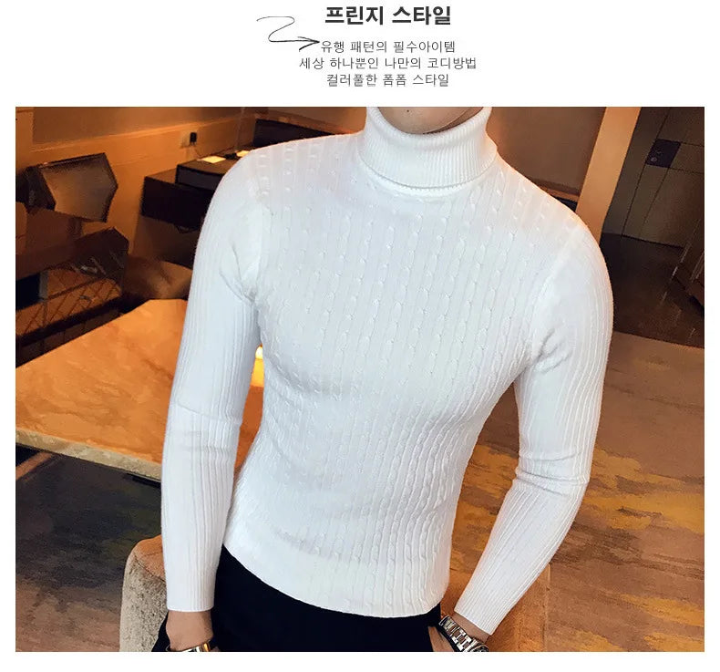 Casual Men Winter High Solid Color Sweater Turtleneck Brand Mens White Sweaters Slim Knitted Fit Pullover Twist Striped Knitwear